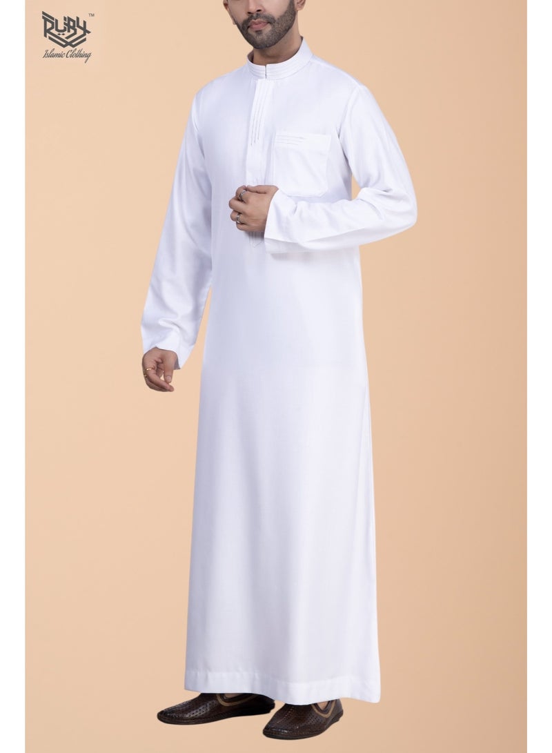 RUBY ISLAMIC CLOTHING Premium White Saudi Thobe with Collar & Elegant Embroidery kandura jubbah - Image 4